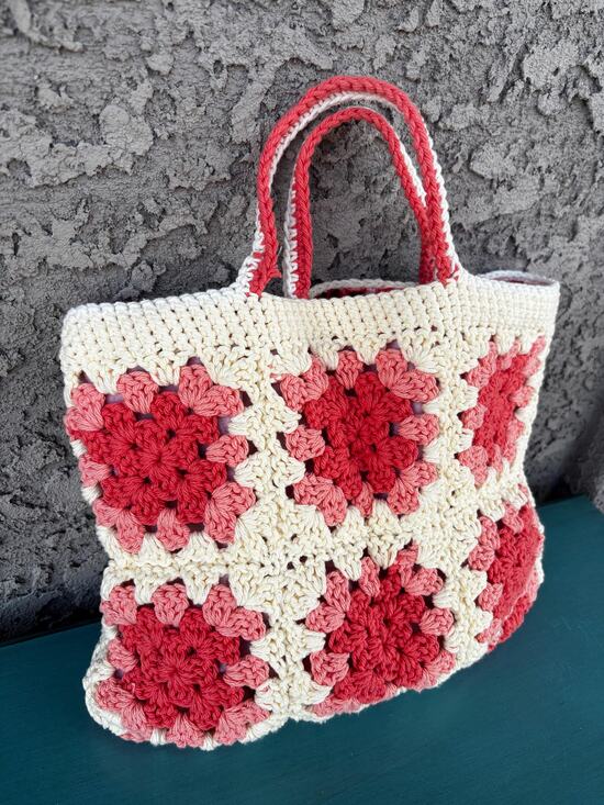 Hand Crafted Handbags - Handmade Reusable Tote Bag: Lined Granny Square Bag